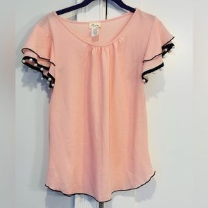 Cute pearl ruffle sleeve pink and black blouse